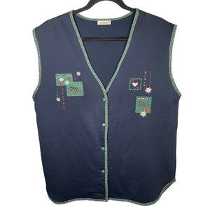 Landhaus Women’s Size Small Navy Vest‎ Cottage Floral Appliqué Cottagecore